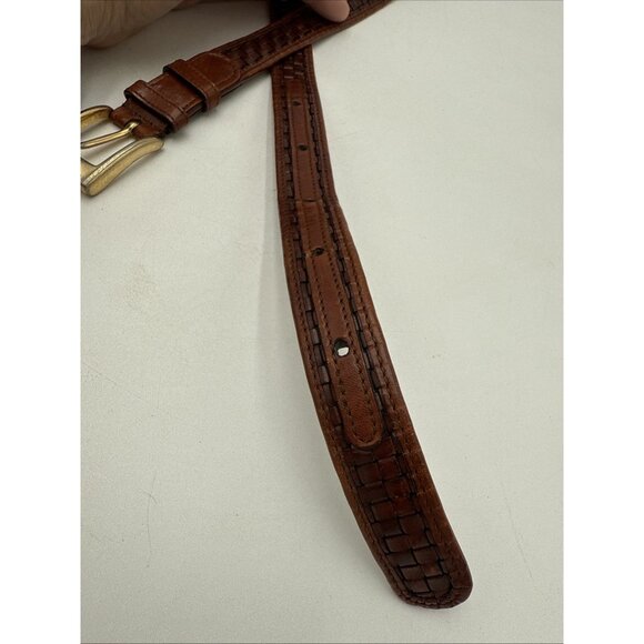 Cole Haan Brown Leather Belt Basket Weave Mens 32 Made USA 1" Brass Buckle - Picture 3 of 7